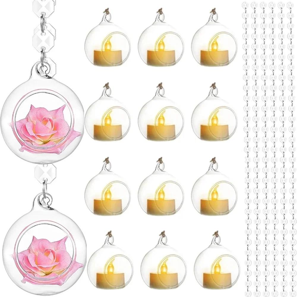 6/12Pcs Hanging Candle Holder Glass Globes Orbs with Crystal Bead Garland Tea Lights Candles Holder for Wedding Party Tree Decor