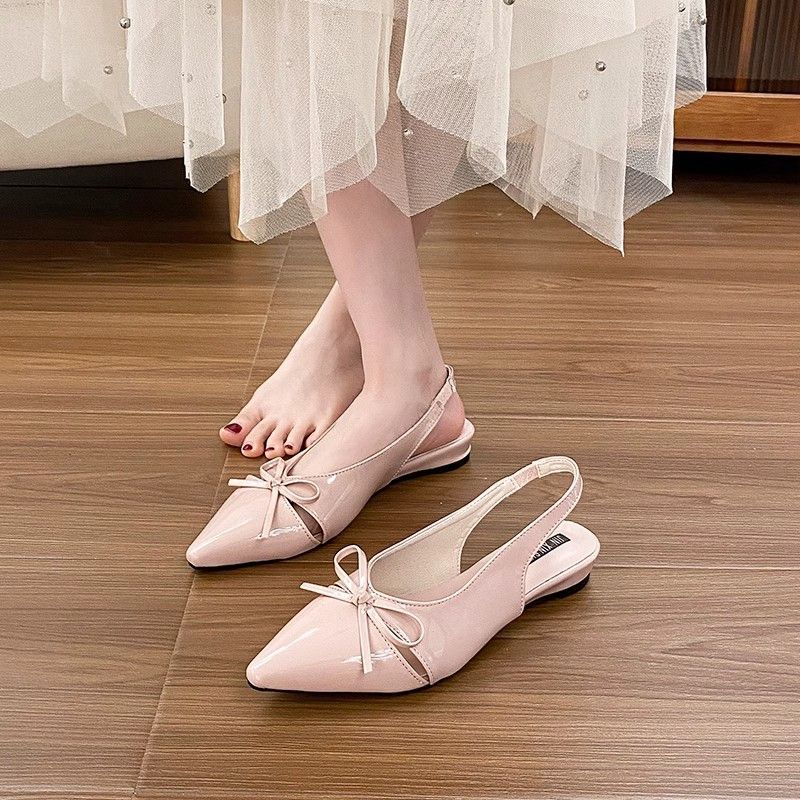 New summer French gentle evening breeze bow bag head sandals women's small slope heel pointed back empty shoes