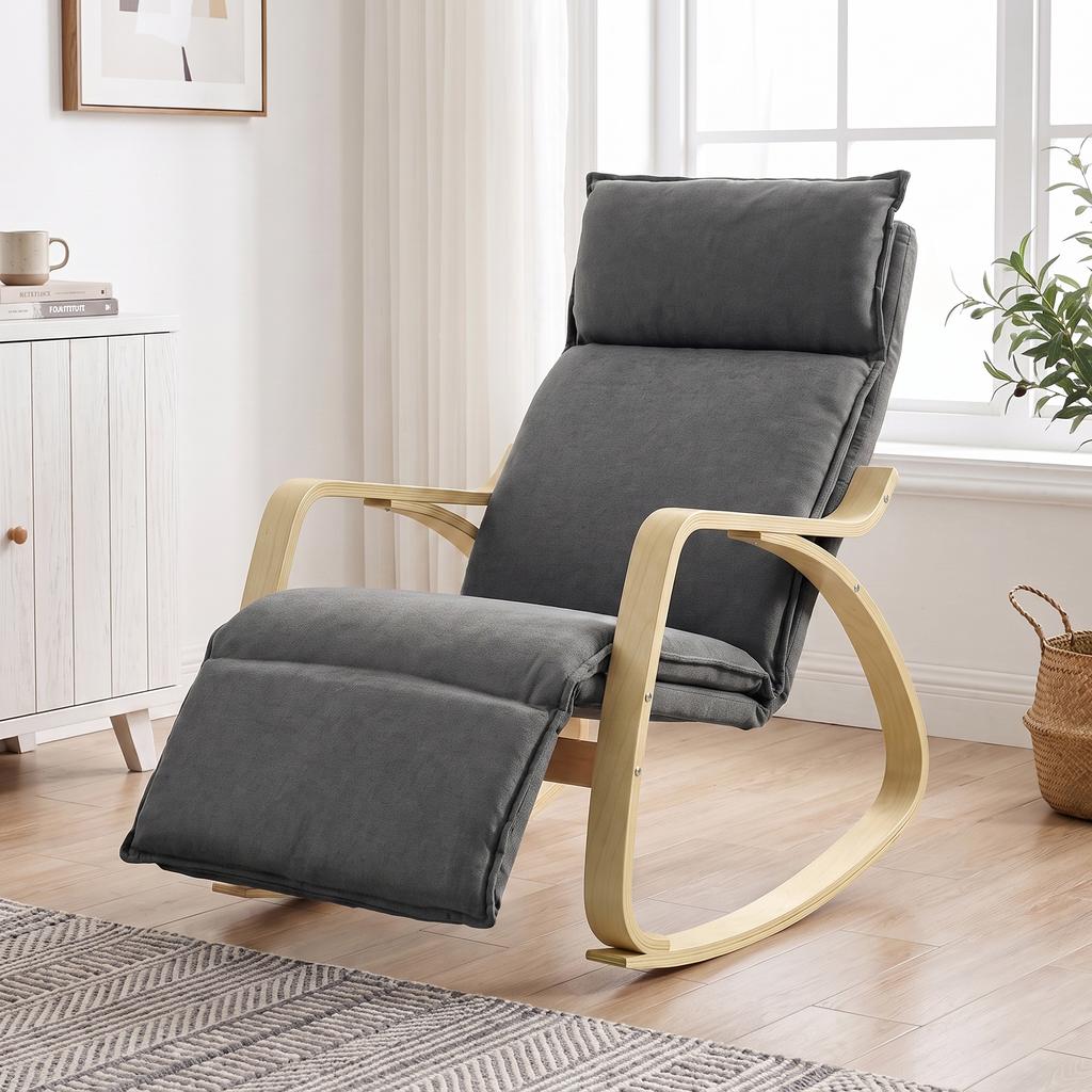 Rocking Chair with 5-Way Adjustable Footrest, Dark Gray