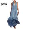 Summer Sleeveless Maxi Dress for Women, Deep V Neck Mesh Patchwork Long Dress, A-line Ruffle Flowy Beach Sundress