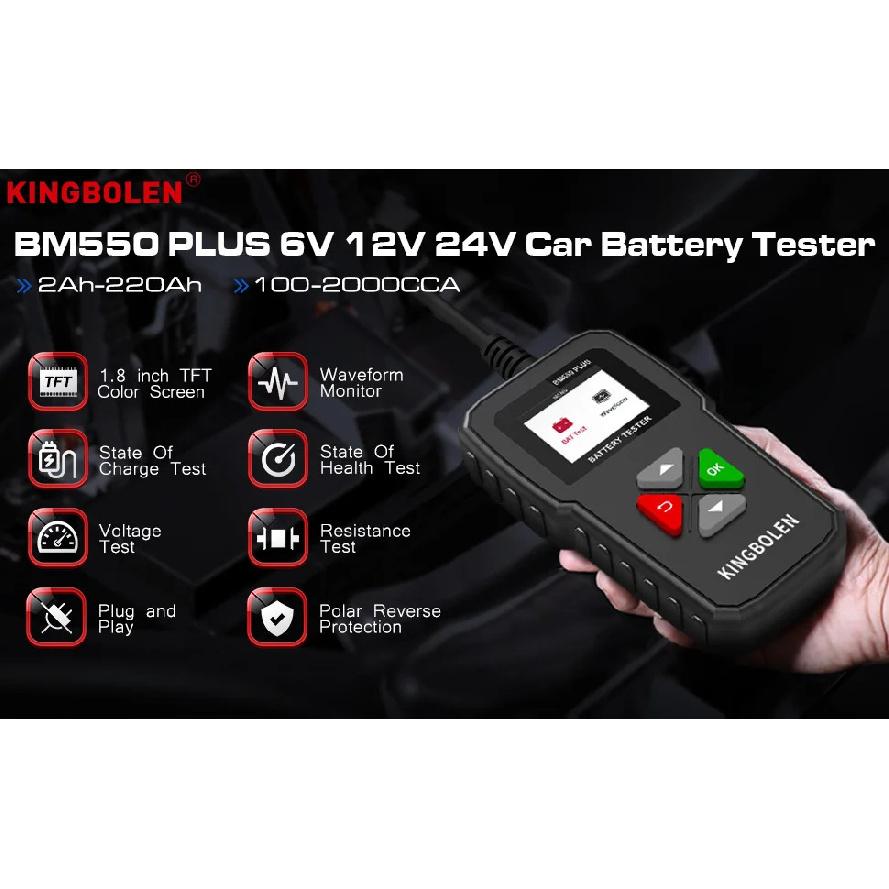 KINGBOLEN BM550 PLUS Tester autobaterií 6V 12V 24V LED displej 100-2000 CCA 2-200Ah Tester alternátoru automobilu Digitální baterie