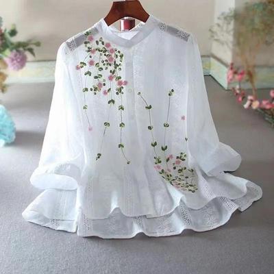 Women's Spring and Summer Artistic Fresh Lace Embroidered Shirt, Front Short, Rear Long, V-neck Pure Cotton Top