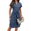 Women's Solid Color V Neck Short Sleeve Dress with Waist Tie Casual Midi Dress