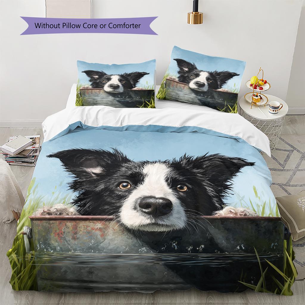 Border Collie and Grassland Pattern Bedding Home Decoration Birthday Gift (1 * Duvet Cover + 2 * Pillowcase, Without Core)