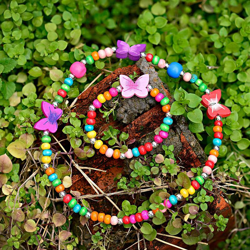 TopHanqi Girls Zircon Sets Cute Animal Butterfly Wood Beads Necklace Bracelet Set For Kids Children Girls Birthday Party Gift
