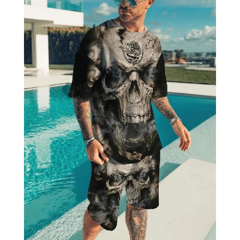 Men's Skull Print Short Sleeve T-Shirt Oversized Casual Sportswear Breathable Shorts 2024 Summer Fashion Shorts Short Sleeve Set