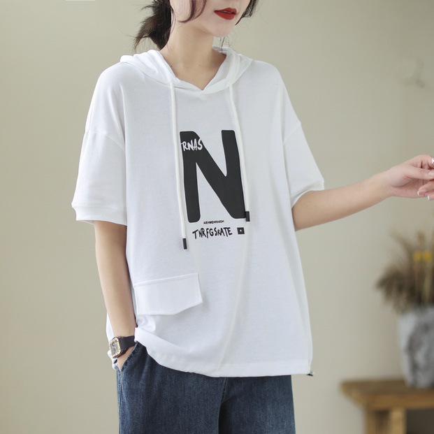 

Летняя женская футболка больших размеров с капюшоном, с принтом букв, с коротким рукавом - Универсальный, Повседневный, Свободный топ One Size белый