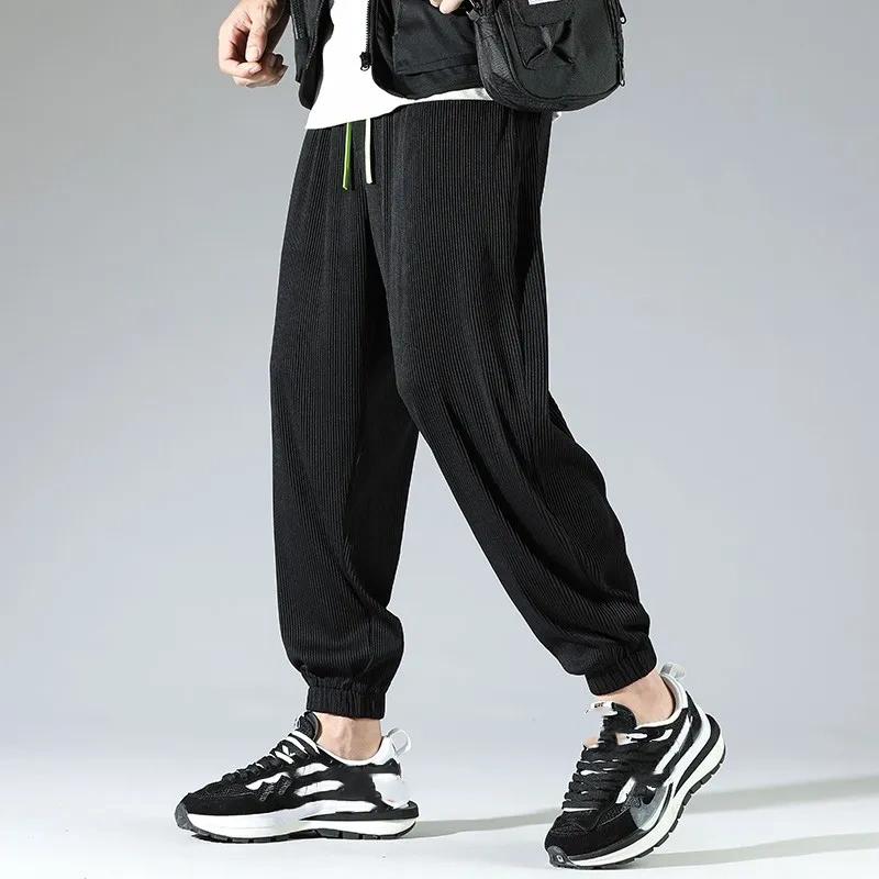Ice Silk Men's Summer Thin Loose Casual Loose Waist Drapey Sport Long Pants Elastic Cuff Comfortable Lightweight Trousers