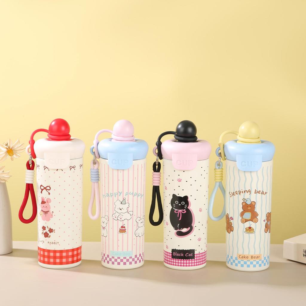 New Cute Cartoon Insulated Stainless Steel Water Cup with Straw and Handheld Rope