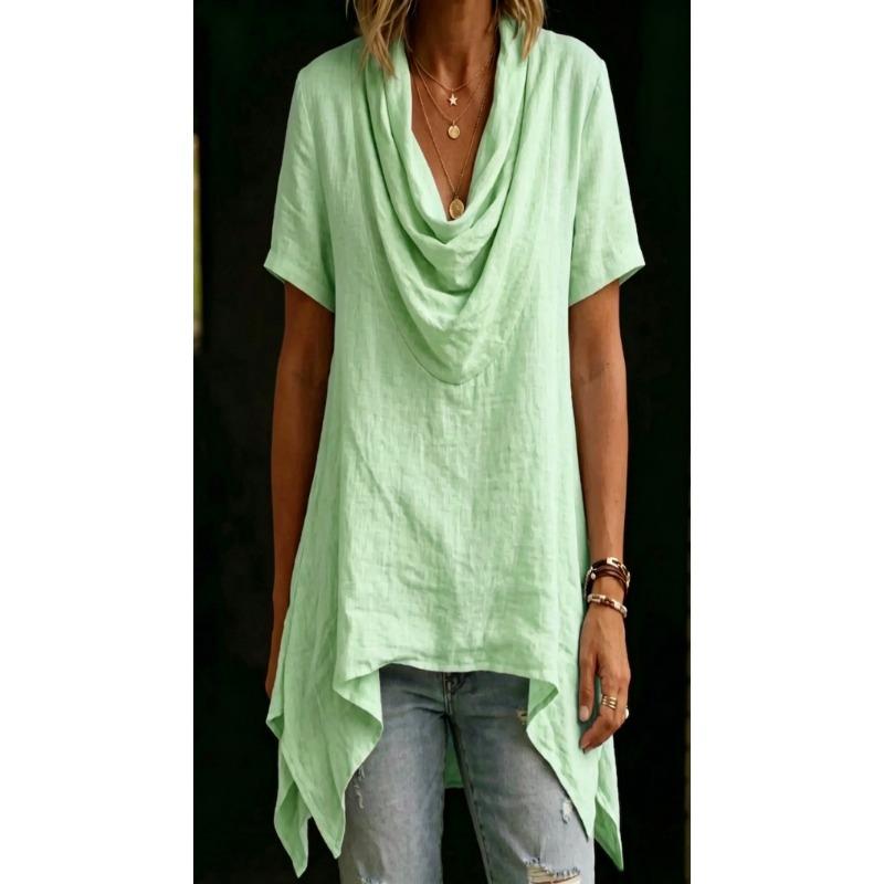 Women Casual Loose Cowl Neck Short Sleeve Asymmetric Hem Solid Blouse