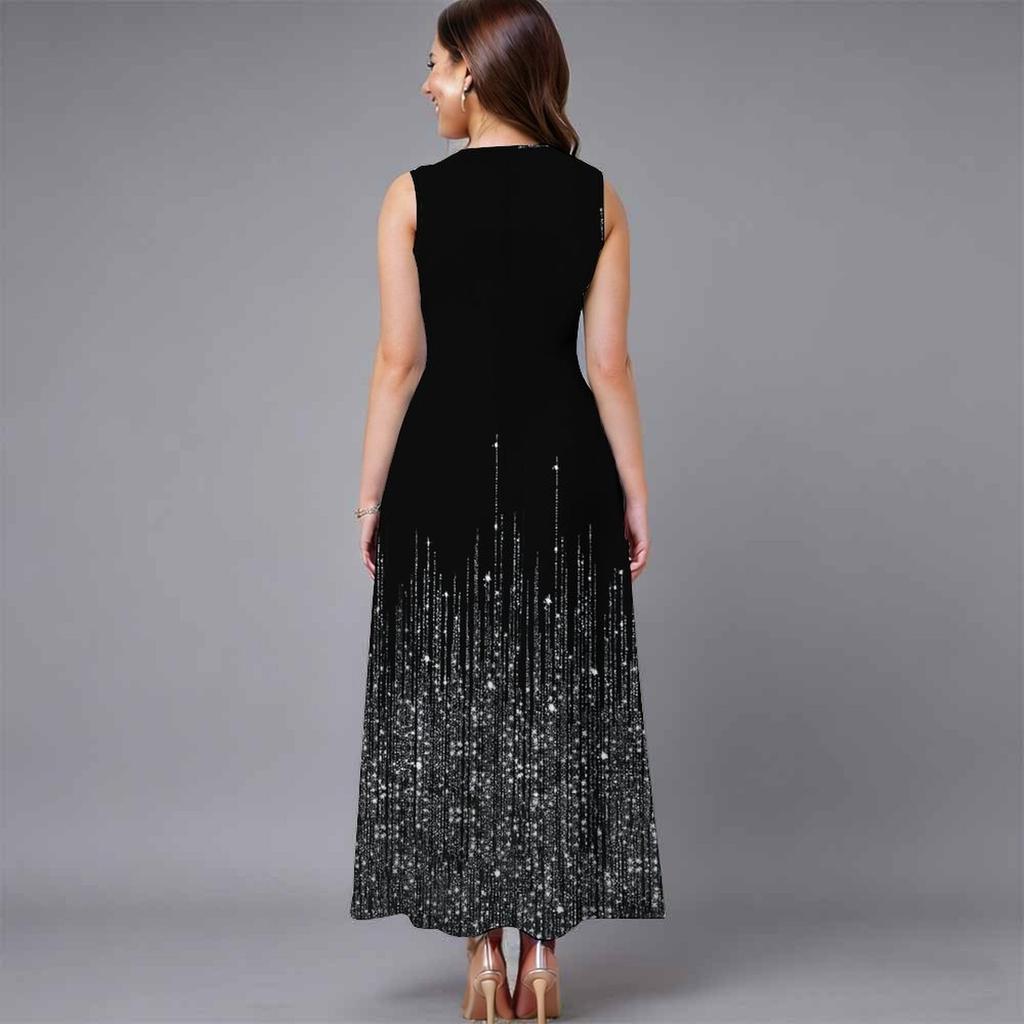 Women Oversized Sleeveless Round Neck Dress Stunning Tropical Bouquet Flowy Mid Length Dress