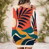 Women Plus Size One Shoulder Long Sleeve Bodycon Mini Dress Tropical Palm Sunset Wave Printed