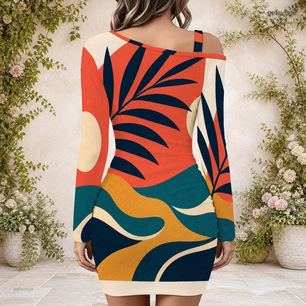 Women Plus Size One Shoulder Long Sleeve Bodycon Mini Dress Tropical Palm Sunset Wave Printed