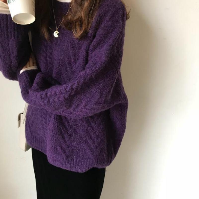 Solid color twist soft waxy pullover sweater women's autumn and winter new fashion loose lazy wind crew neck knitted sweater thick