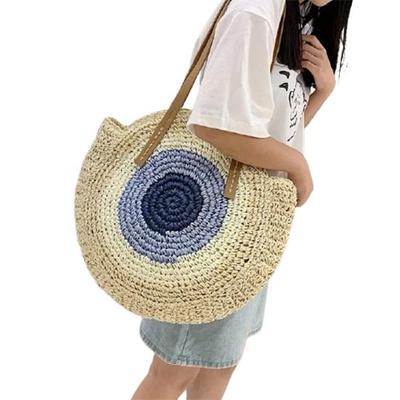 Summer Straw Bag Women Round Beach Bag Woven Handmade Rattan Shoulder Bag Vacation Large Capacity Handle Bag