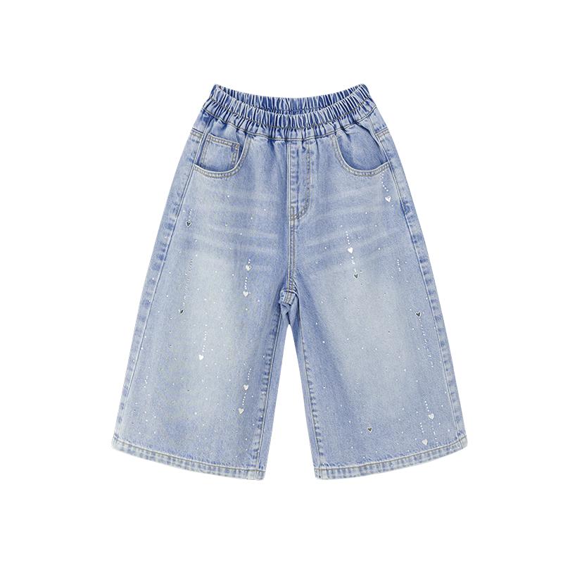 Girl s Heart Rhinestone Soft Washed Denim Capris 140