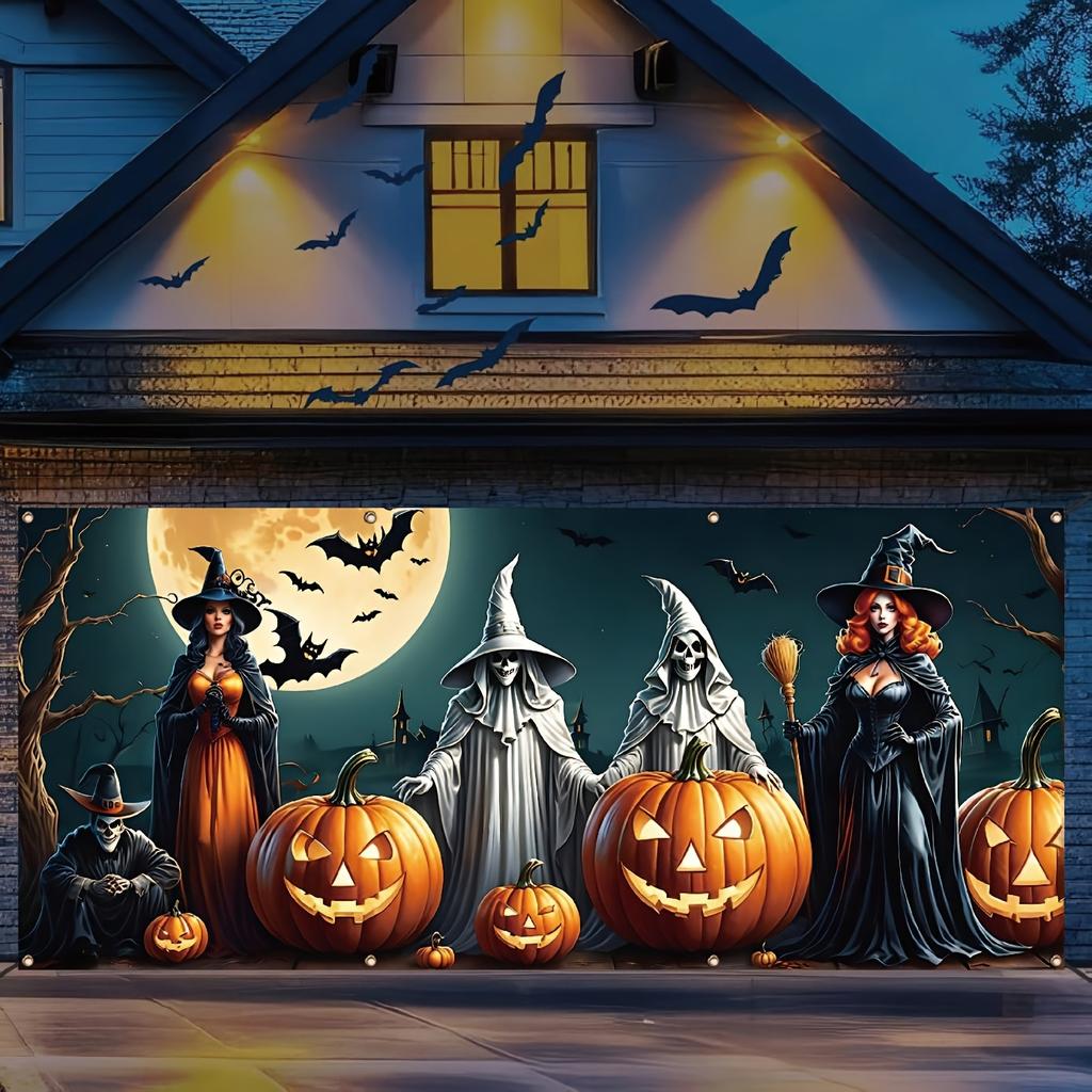 Halloween Garage Banner - - - Fantasy Witch and Skeleton Patterns, Bright Polyester Material, Outdoor Wall Decoration