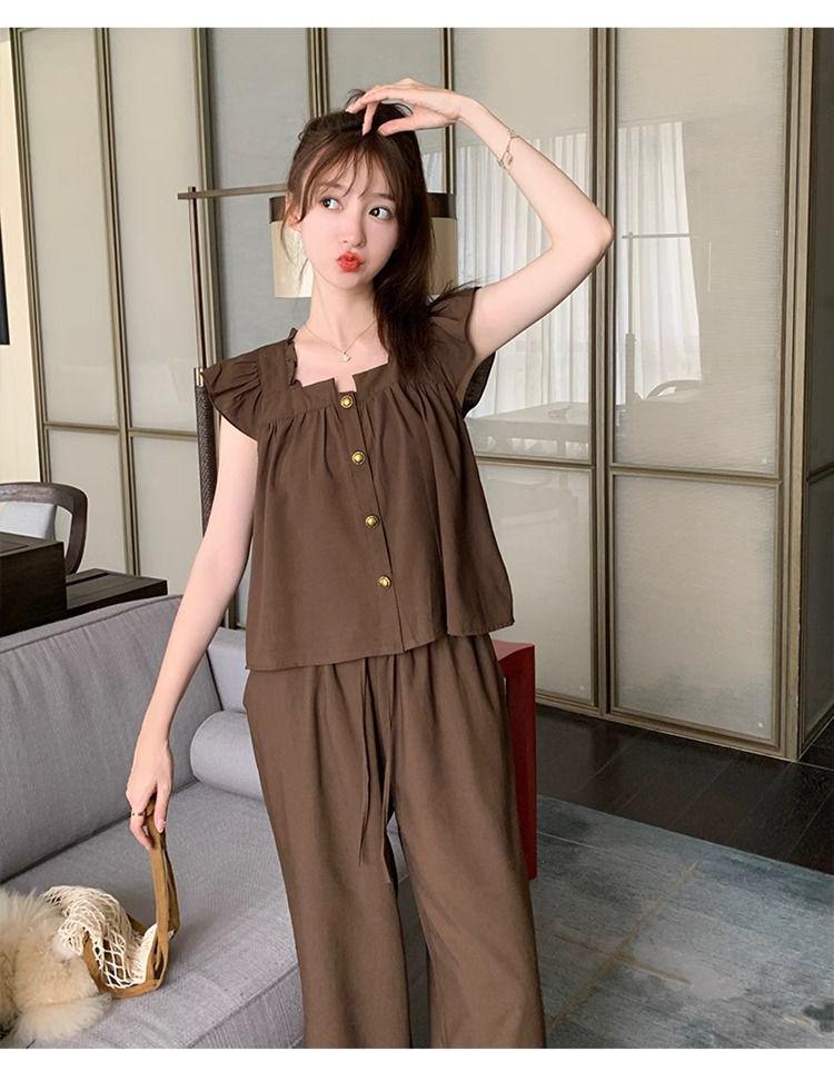 2024 Sommer Petite Damen Altersdefying Zweiteiler: Oberteil mit kurzen Ärmeln & Hose mit weitem Bein