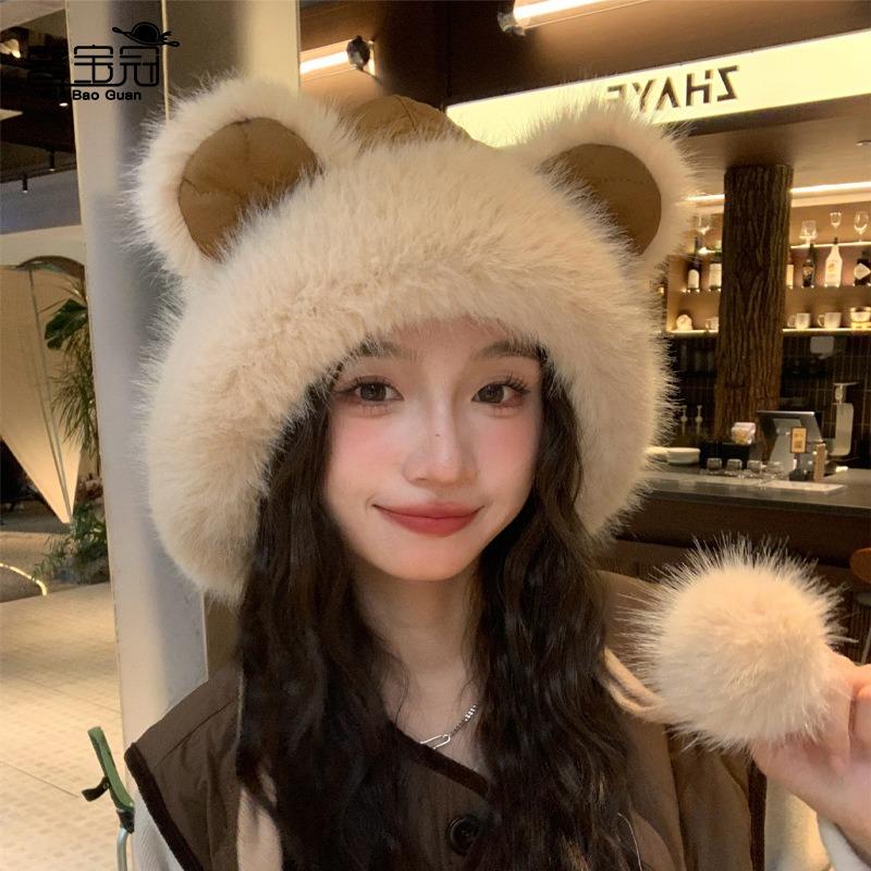 New cute bear hat women's plush warm ear protector bucket hat shows the face small versatile fashion