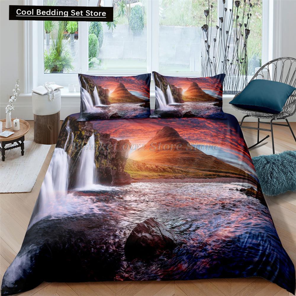 Waterfall king Queen Duvet Cover Floral Trees Bedding Set Natural landscape quilt cover Purple Dream polyester Comforter Cover