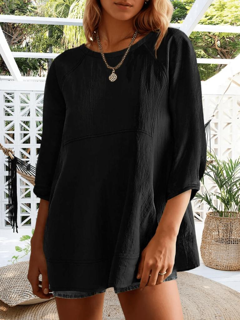 Damska Oversize'owa Bluzka Babydoll z Rękawem 3/4 Zwiewna Peplum Luźna Tunika Top