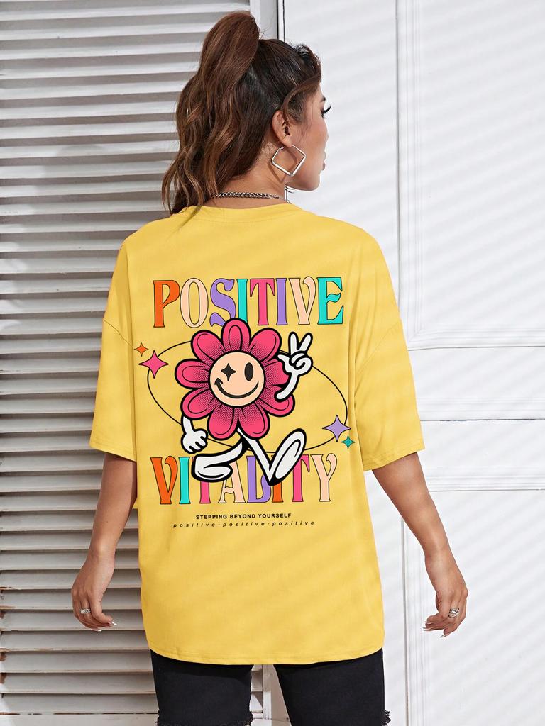 Positive Vitality Sunflower Printed Female Tshirt Harajuku T-Shirts Breathable Short Sleeve Hip Hop Fashion Street Tops Women