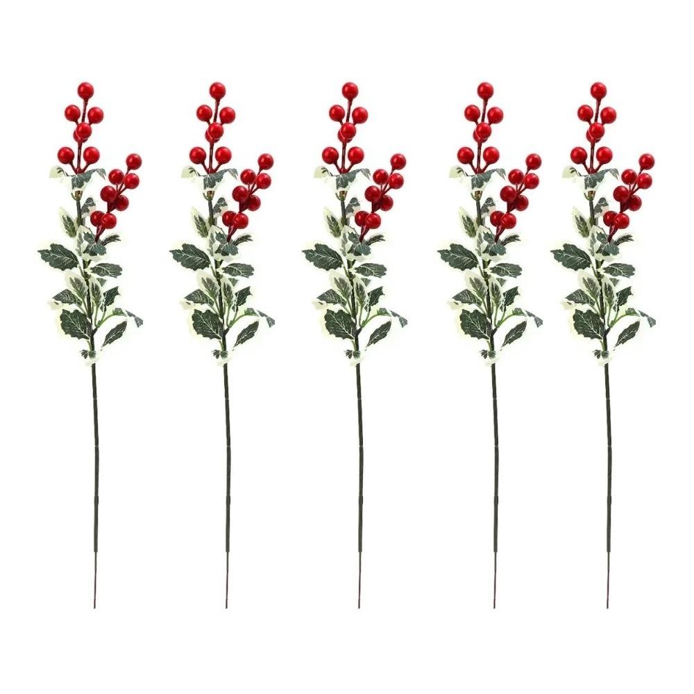 Red Artificial Berry Picks 7 Fork Branch Frosted Green Leaves Holly Berry Branches Christmas Picks Flexible Stem Plastic Berries