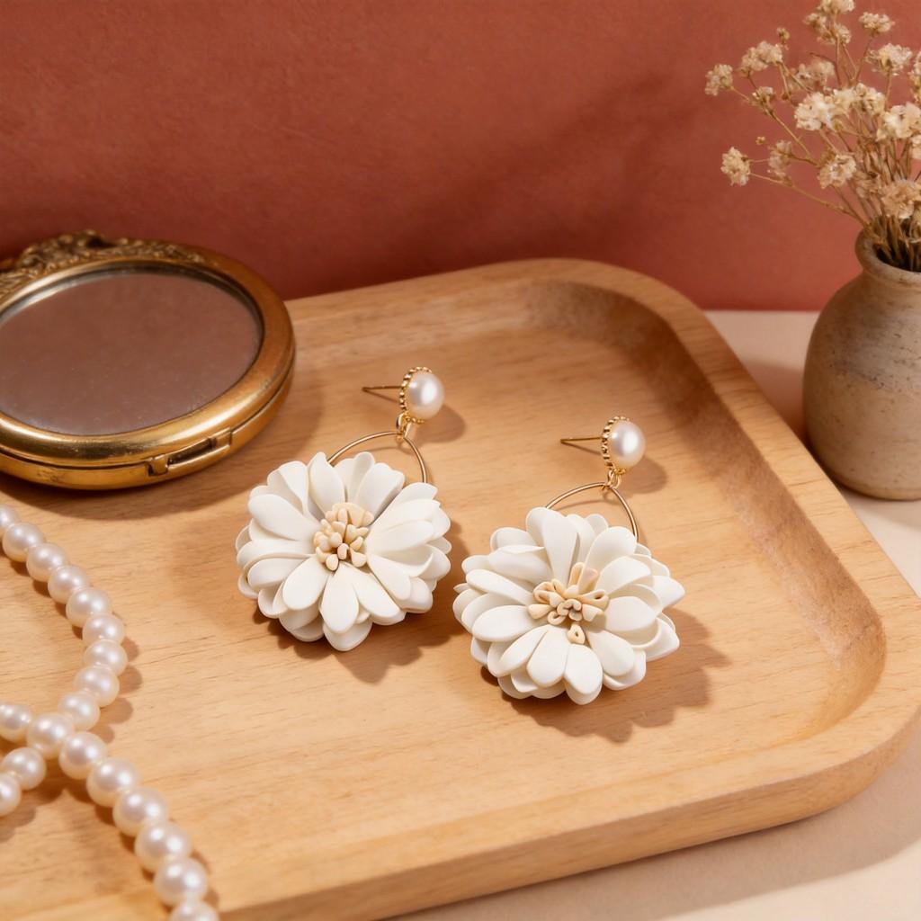 Fashion Fabric Flower Earrings With Pearl Dangles For Casual Daily Wear