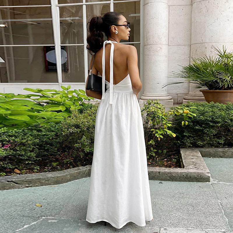 Bílé bavlněné halter šaty s výstřihem do V, sexy odhalená záda, dámské šněrovací A-line šaty, top v pase, velká sukně, módní plážové šaty na dovolenou, léto nové