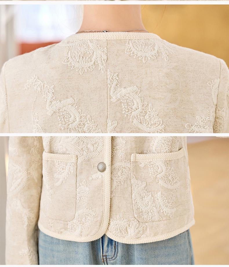 2025 Spring Embroidered Round Neck Cotton Linen Jacket ME5519