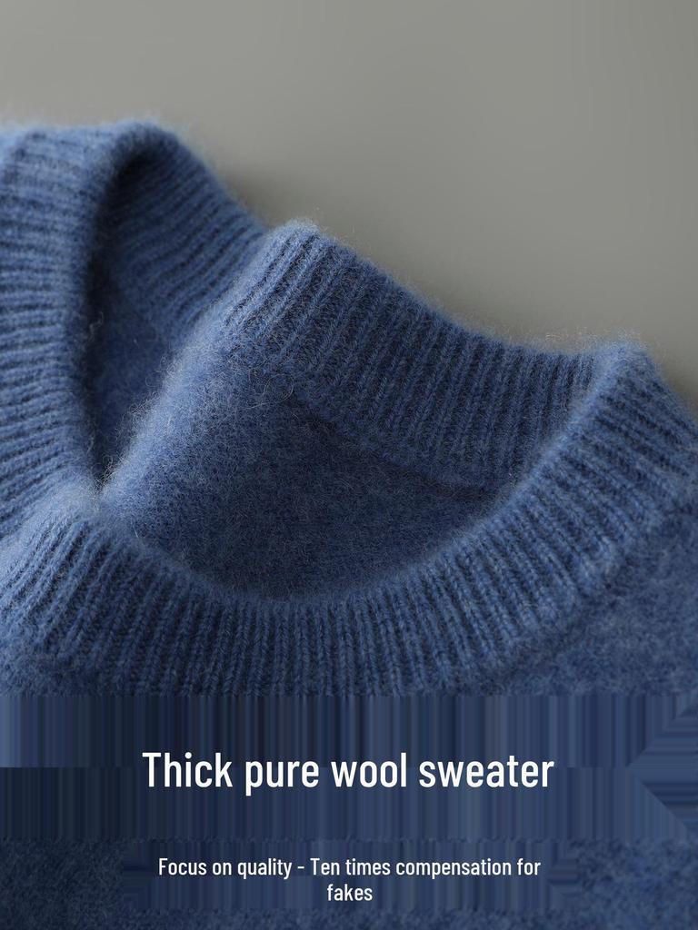 Herren-Pullover aus reiner Wolle, dick, mit Rundhalsausschnitt für Herbst/Winter - Lässig, Warme Strick-Basisschicht