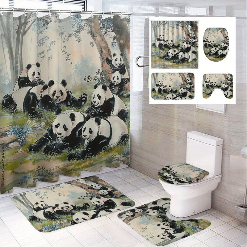 Charming Panda Bathroom Set: 180.34Cm X 180.34Cm Artistic Shower Curtain, Non-Slip Bath Mats, Toilet Seat Cover, And U-Shaped Ru