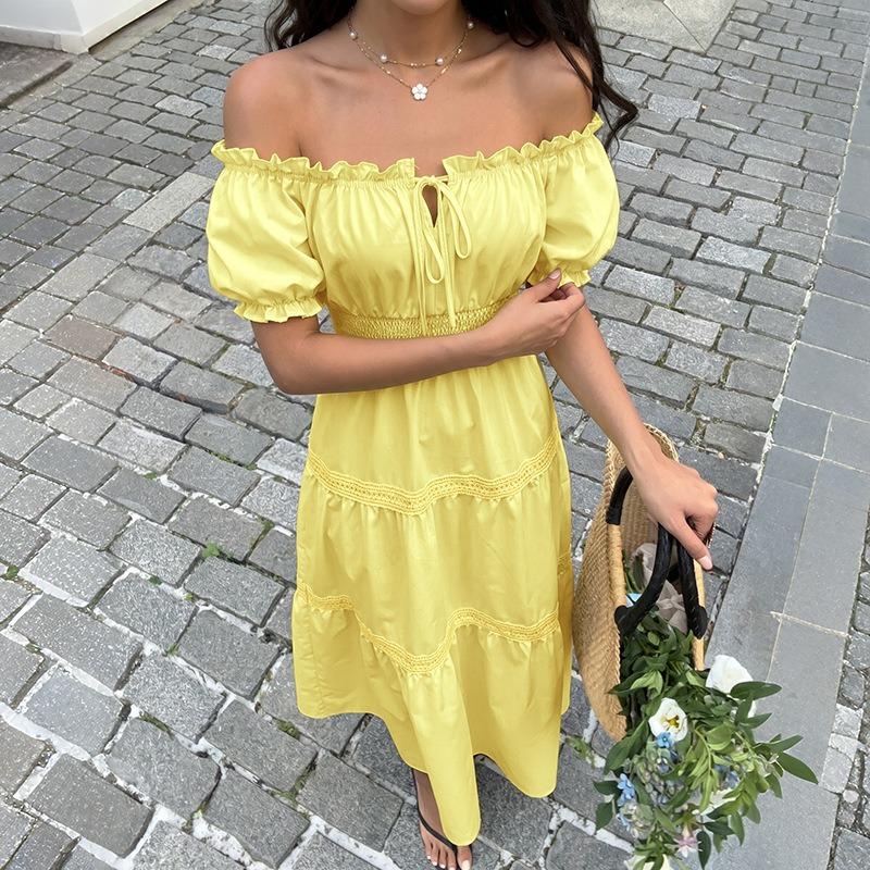 Women's Fashion Summer Spring Solid Color Print Short Sleeve One Shoulder High Waist Casual Dresses