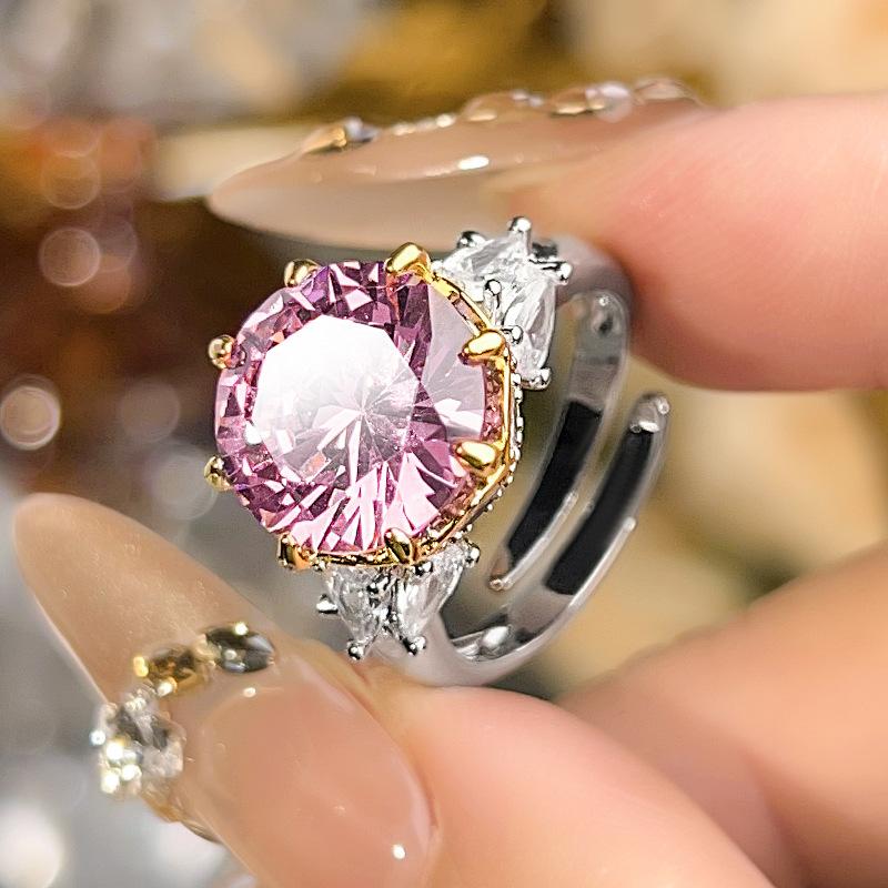 Ring Jewelry Colored Treasure Round Heavy Industry Luxury Inlaid Ring Women'S Two-Color Gold-Plated Ring
