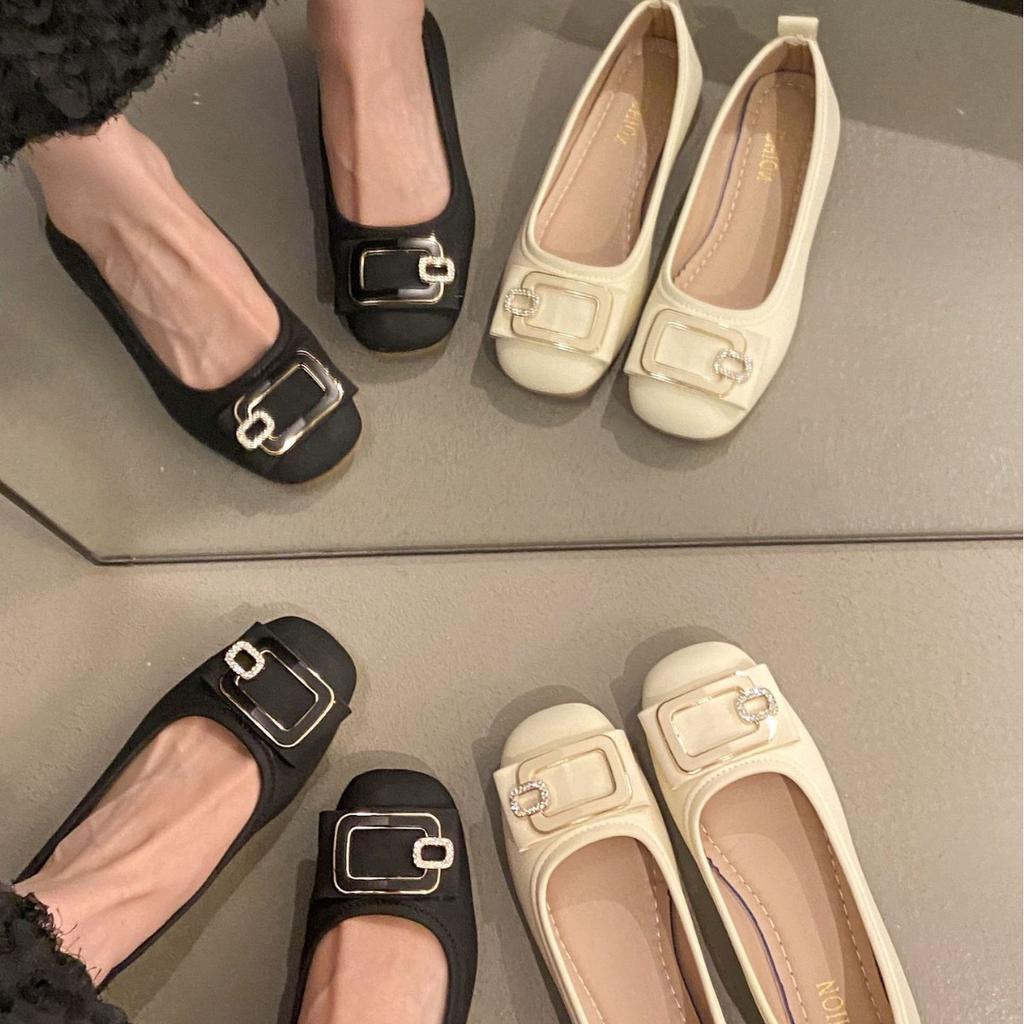Single Shoes Women's Square Head Shallow Mouth Flat Shoes Spring and Autumn New One-pedal Lazy Shoes 2025 Fairy Wind Doudou Shoes