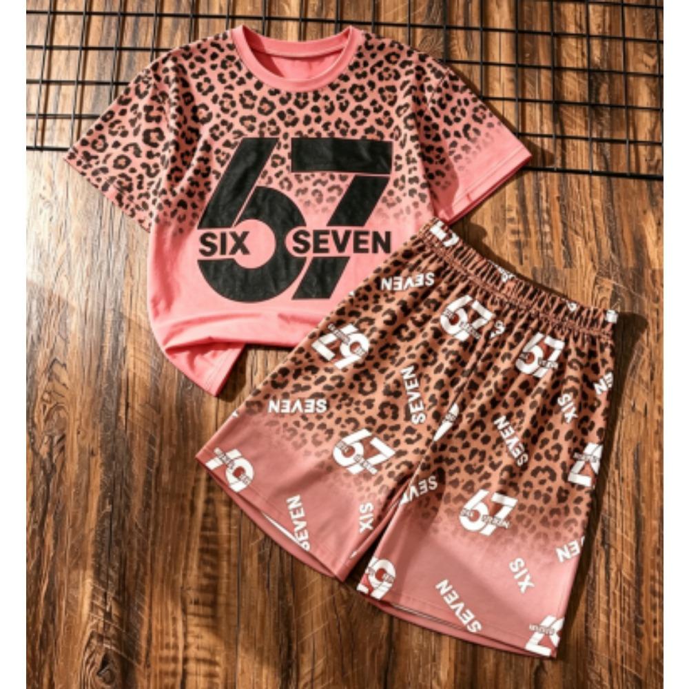 

Fashion Kids Set Fun Leopard 67 Number Printed Kids T-shirt and Shorts 2 Piece Set Summer Casual Outdoor Street Boy s and Girl s T-shirt Sets 100