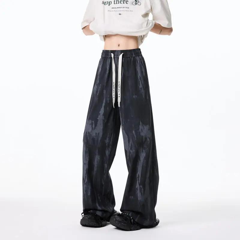 2026 Spring Summer Men Casual Tie-Dye Pants Men Loose Long Pants Male Trendy Straight Trousers Man Vintage Black White Pants