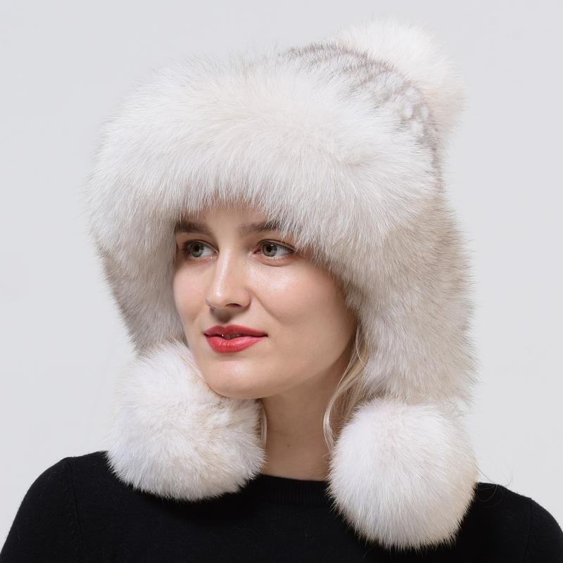 Real Mink Fur Hats Knitted Ear Cap Genuine Warm Snow Fluffy Female Fox Fur Hat Outdoor Luxury Woman Hat
