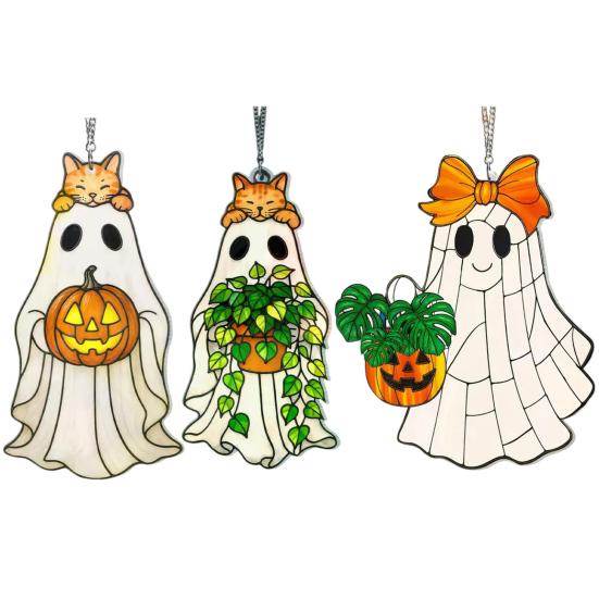 Cute Ghost Sun Catcher Ornament with Lanyard Easy to Hang Stained Glass Suncatcher Gothic Window Hanging Decoration