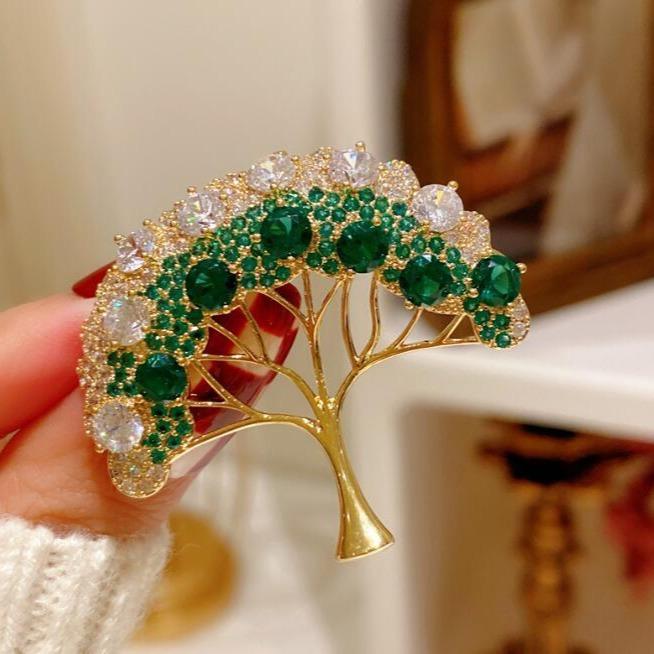 Elegant Tree of Life Brooch For Women Men Exquisite Green Crystal Tree Badges Brooches Shining Boutique Plant Decoration