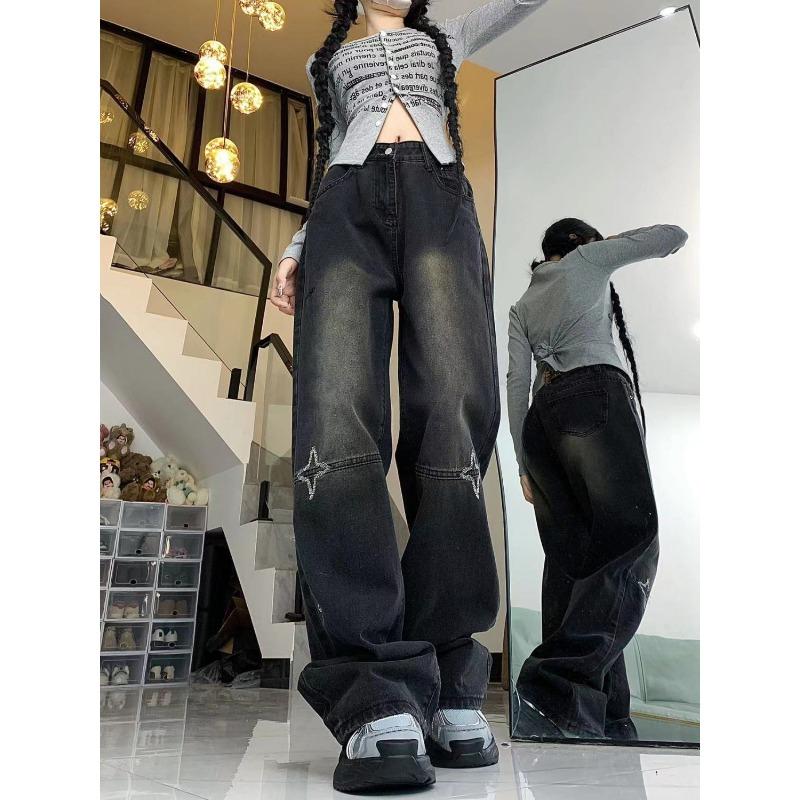 American High Street Vintage Star Embroidered Jeans Women's Autumn High Waist Loose Slim Straight Leg Wide Leg Pants Ins Tide