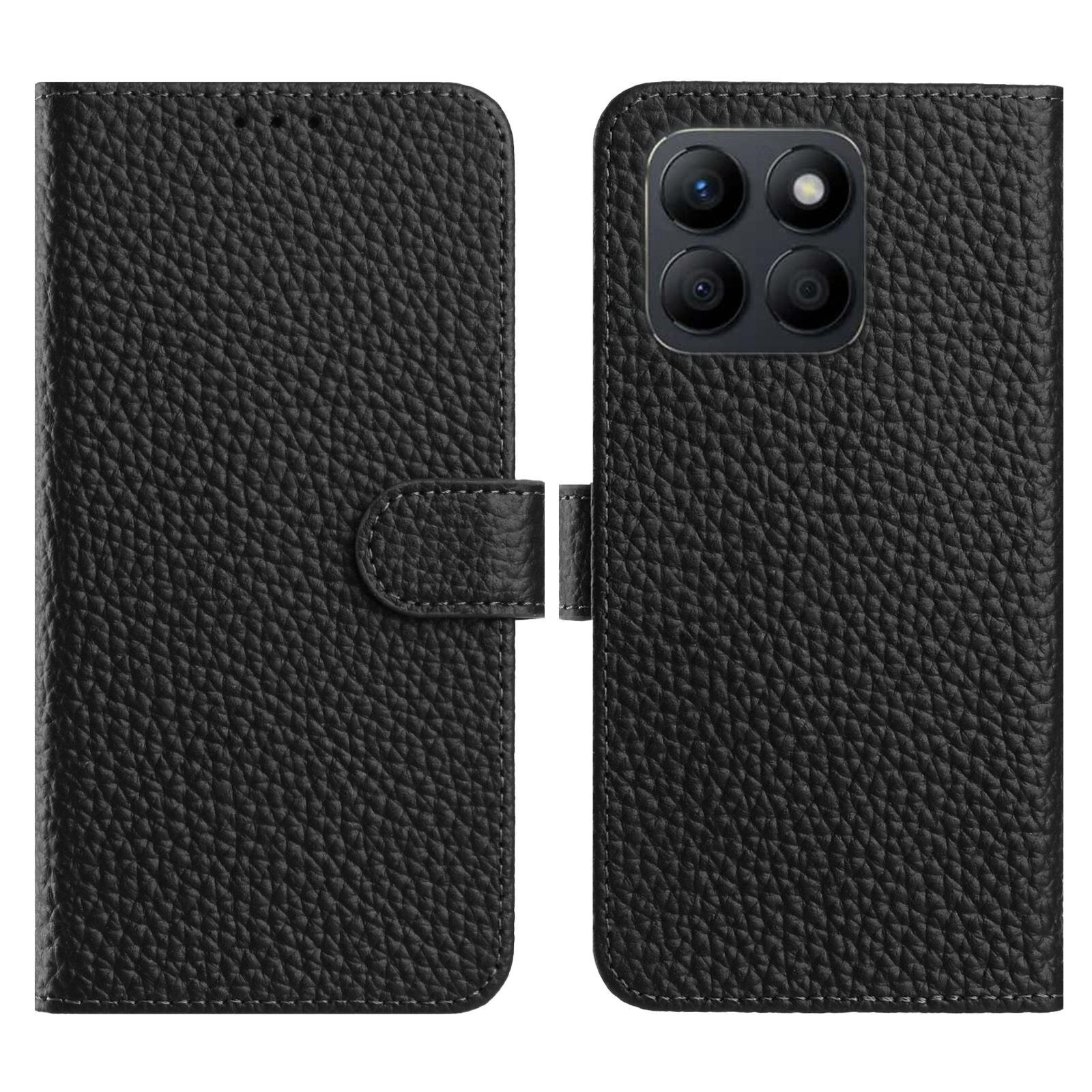 

For Honor X6a 4G/X6b 4G Case Wallet Stand Litchi Texture Genuine Cow Leather Flip Phone Cover Black