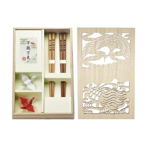 Mino Ware Origami Crane Chopstick Rests (Approximate. 5x6cm) & 22.5cm Red and White Chopsticks Pair Set, Chizuru Kanki (Thousand Cranes, Ten Thousand