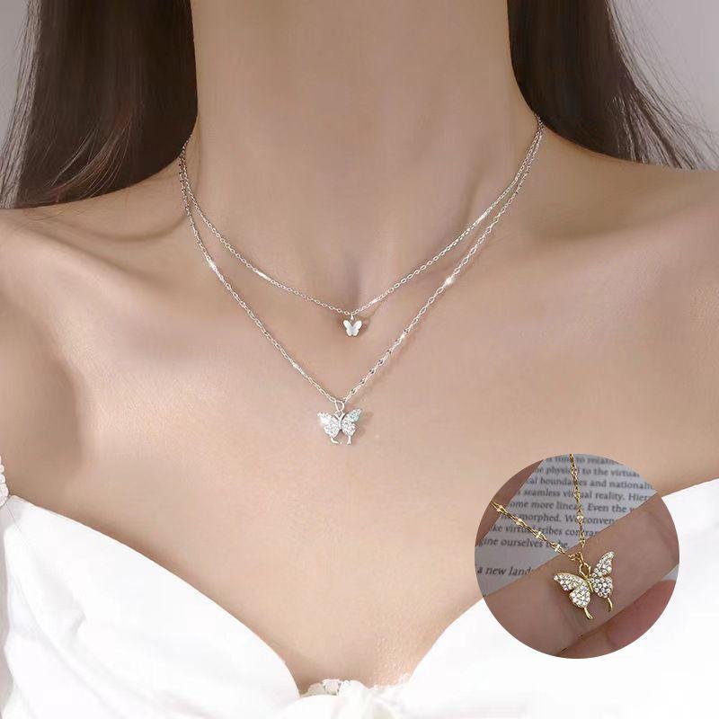 Stylish Adjustable Double Layer Butterfly Pendant Necklace With Hypoallergenic Material