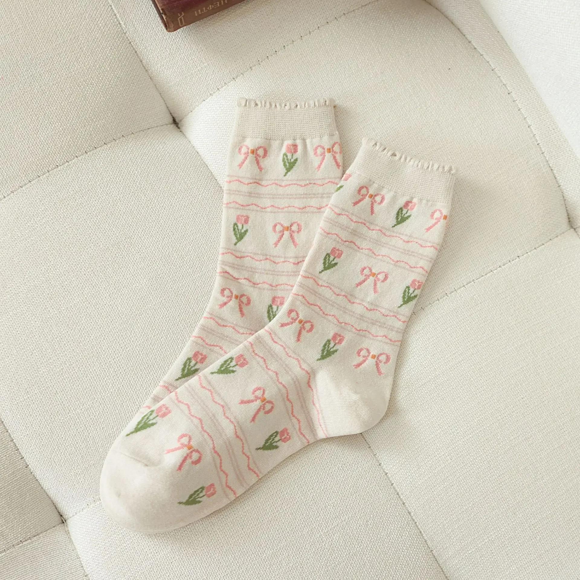 

Носки с оборками, цветочный принт, уличные носки в стиле ретро в стиле Харадзюку, средние носки для женщин, повседневные носки в клетку для милых девочек в стиле JK Lolita Kawaii, милые носки