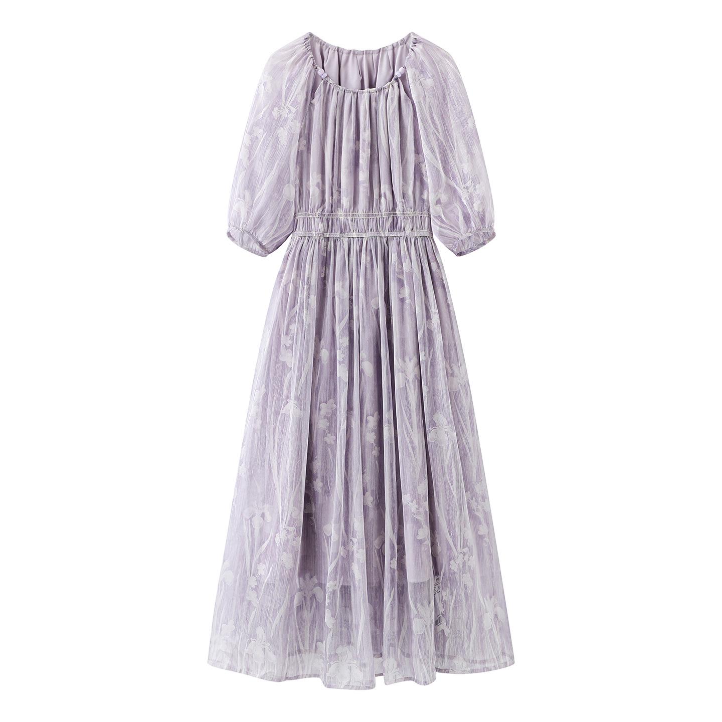 

2026 Summer Floral Puff Sleeve Women s Long Dress with Round Neck and Waist-Cinching Design Small фиолетовый