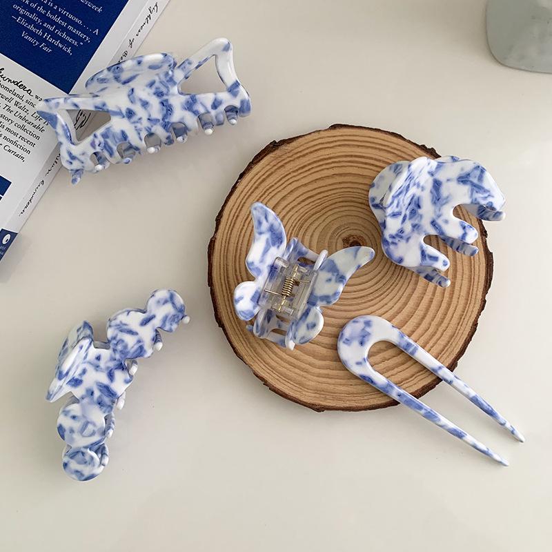 Pinza per capelli a chela retrò con motivo in porcellana blu e bianca in stile cinese per donna