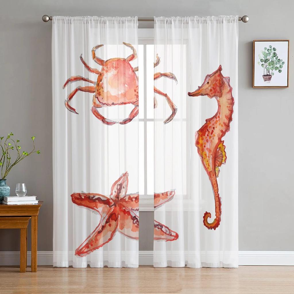 Marine Life Two Seahorses Sheer Curtains for Living Room Voile Curtain Bedroom Bathroom Tulle Curtains Window Drapes