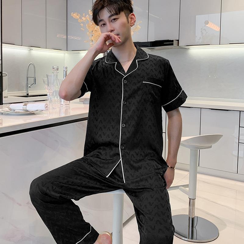 Pajamas Men's Summer Ice Silk Short Sleeve Trousers Thin Summer Loose Wear Men's Loungewear Suit