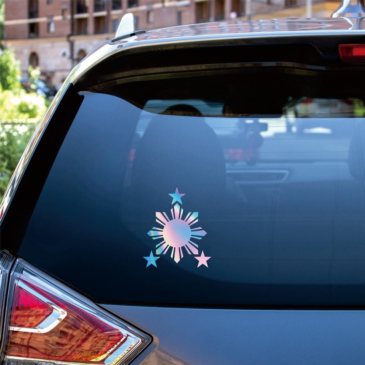 

Eight-Ray Sun Stars Philippines Flag Filipino Vinyl Decal Sticker - 3 Pack Holographic Iridescent, 3 Inches, 4 Inches, 6 Inches - Die Cut No